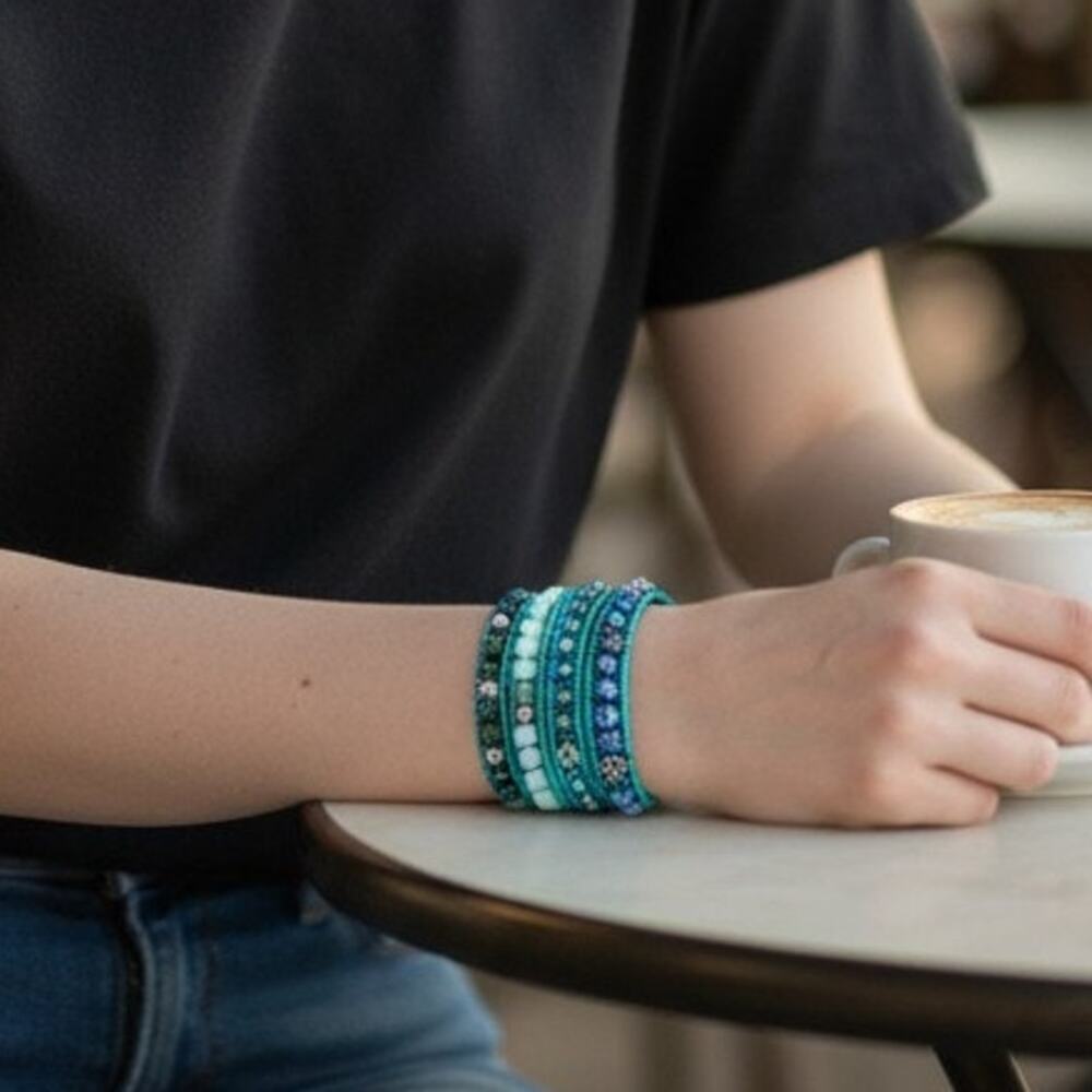 Four Wrap Bead Bracelet Green/Blue Alloy Leather, Glass/‎ Stone Beads